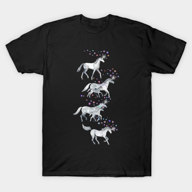 Unicorns and Stars on Dark Teal T-Shirt by micklyn